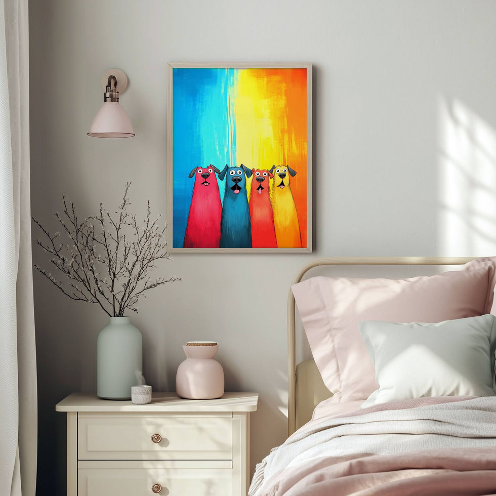 Quirky and bold dog-themed art print bursting with colour — perfect for playful modern interiors.