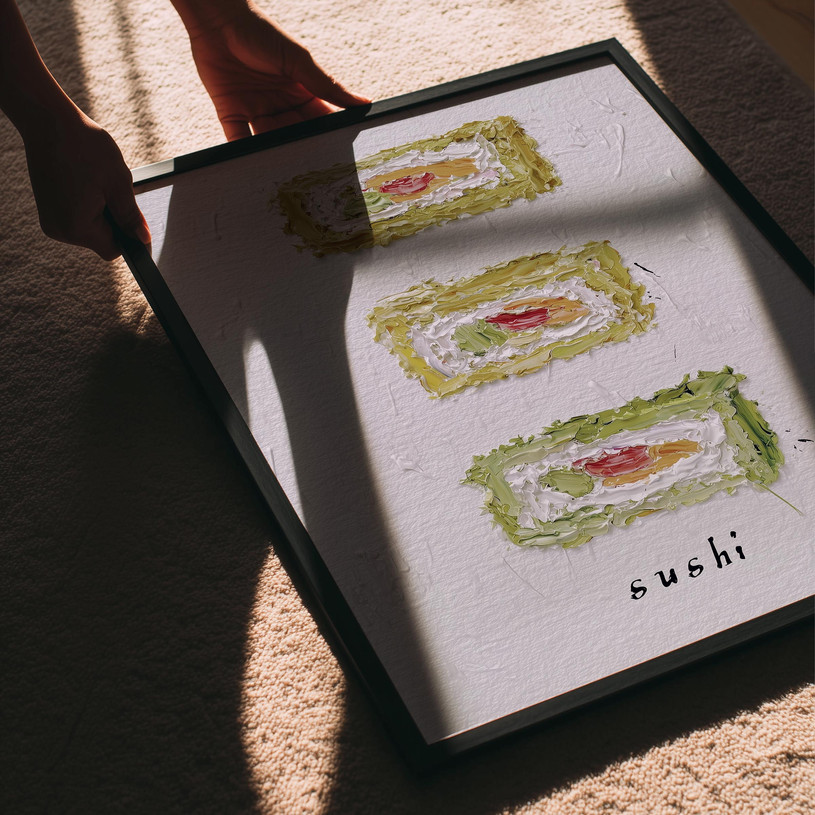 Sushi brushstroke art print, modern Japanese food painting with textured rolls.