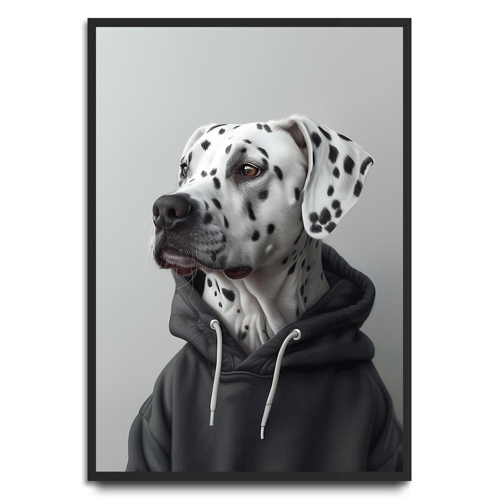 Dalmatian dog in hoodie and jacket art print, realistic modern dog portrait.