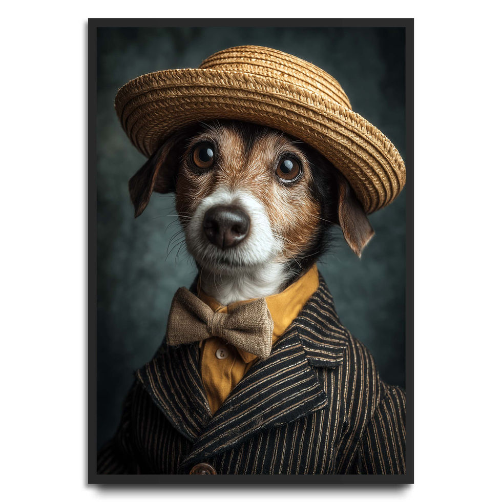 Rustic portrait art print of a dog wearing a straw hat and countryside clothing.
