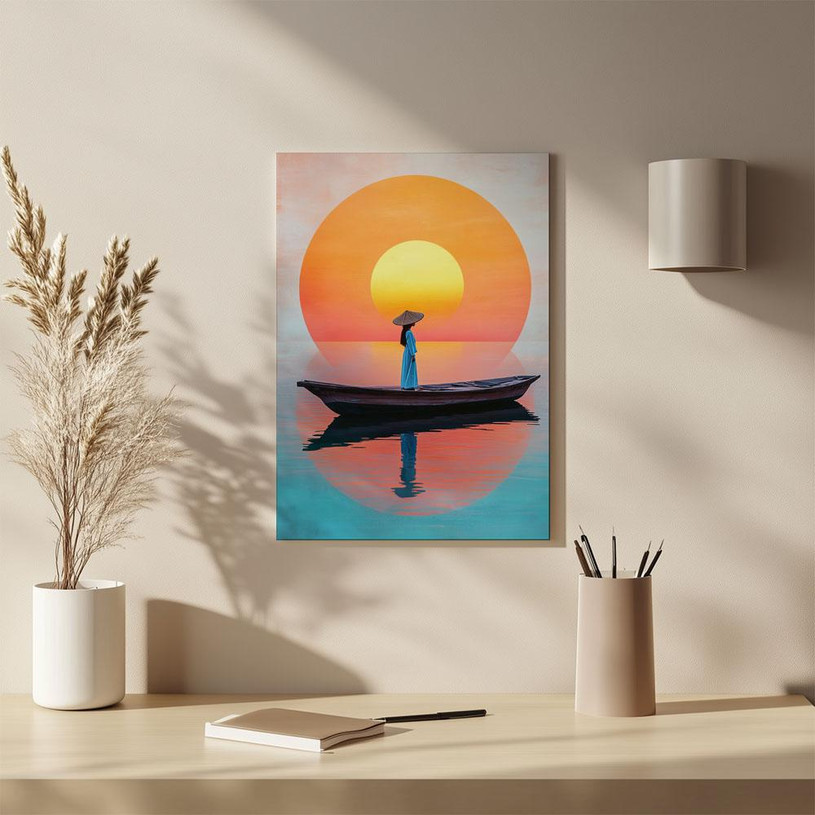 Illustration of a person in a boat during sunset with bright orange and blue hues.