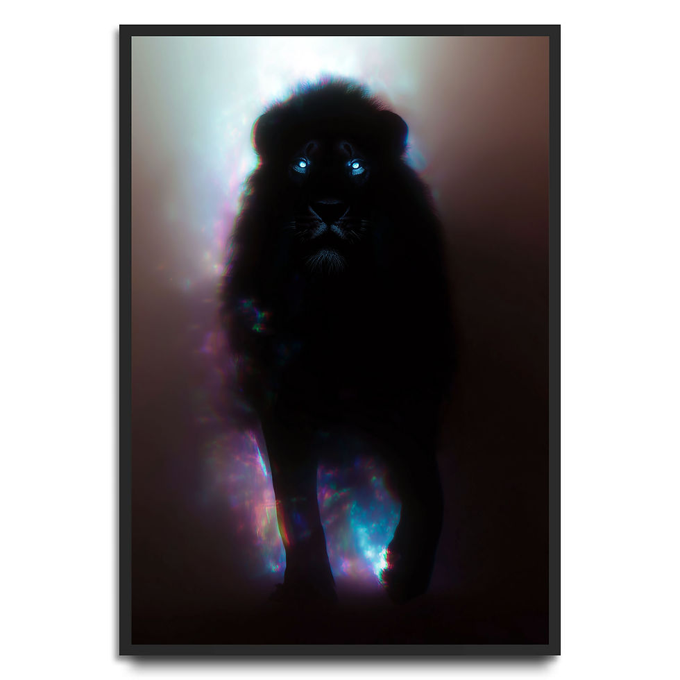 Dark lion art print with glowing eyes and cinematic style. Perfect animal wall art for modern interiors, gaming rooms and sta