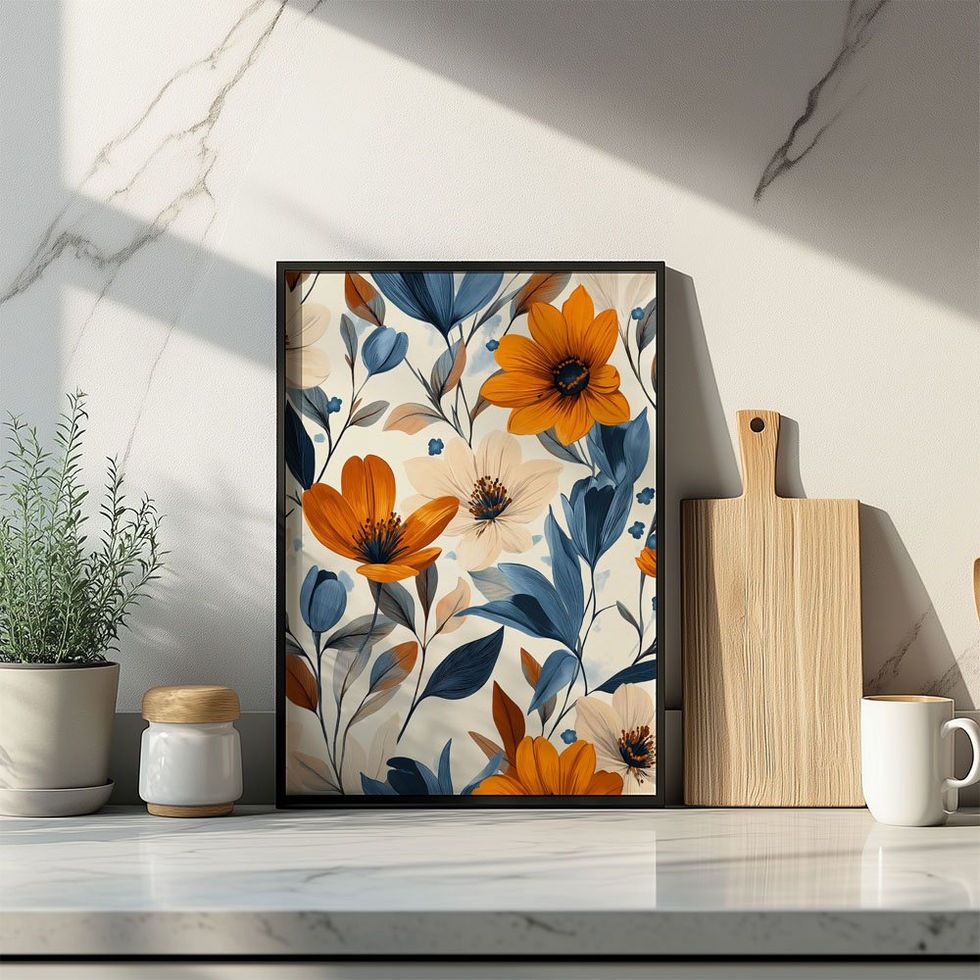 Bold floral wall art in orange and navy tones, combining vintage charm with a modern aesthetic.