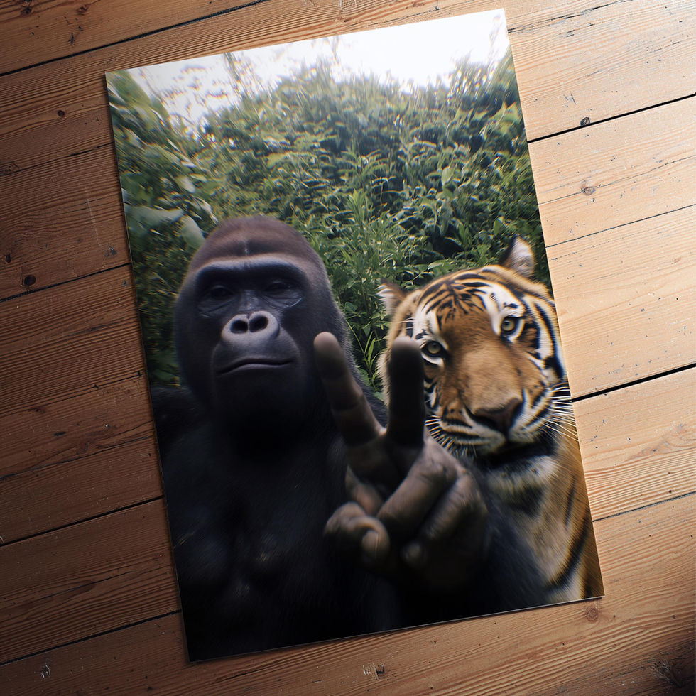 Humorous wildlife art print of a gorilla giving a peace sign next to a tiger posing for a selfie.