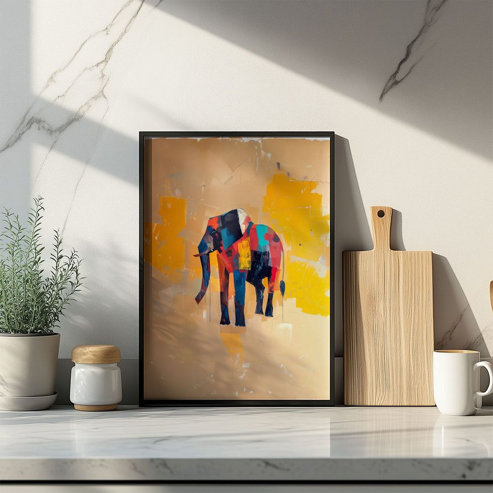 Abstract elephant illustration with bright patchwork colours on a yellow background.