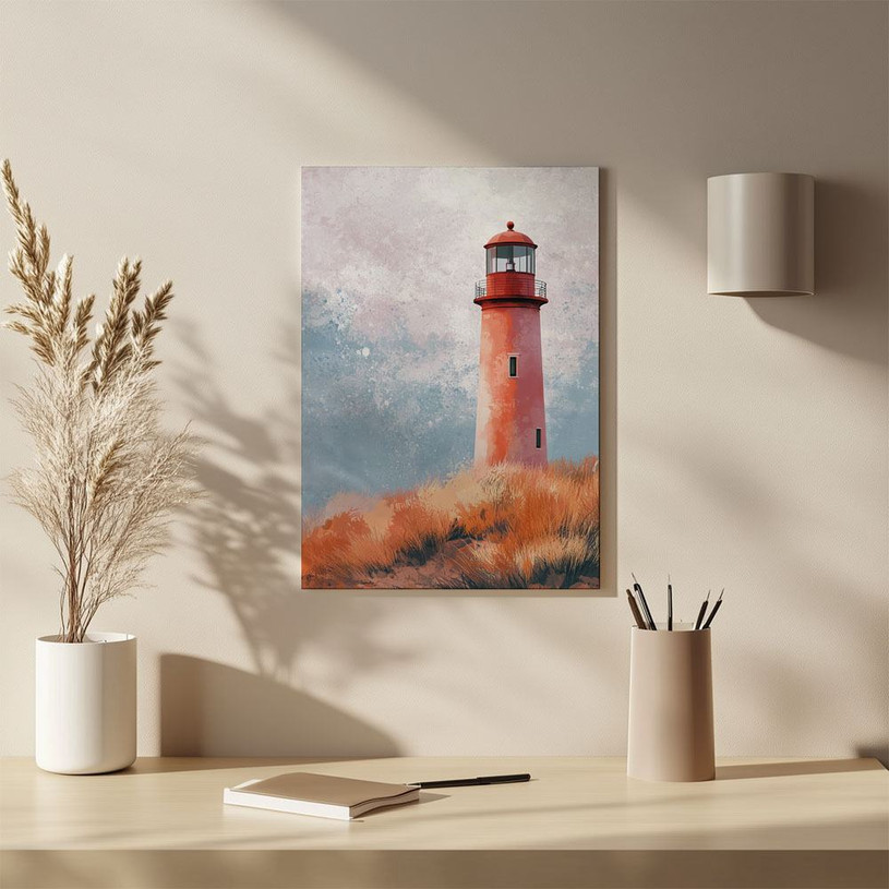 Illustrated lighthouse standing tall among orange grass under a pastel cloudy sky.
