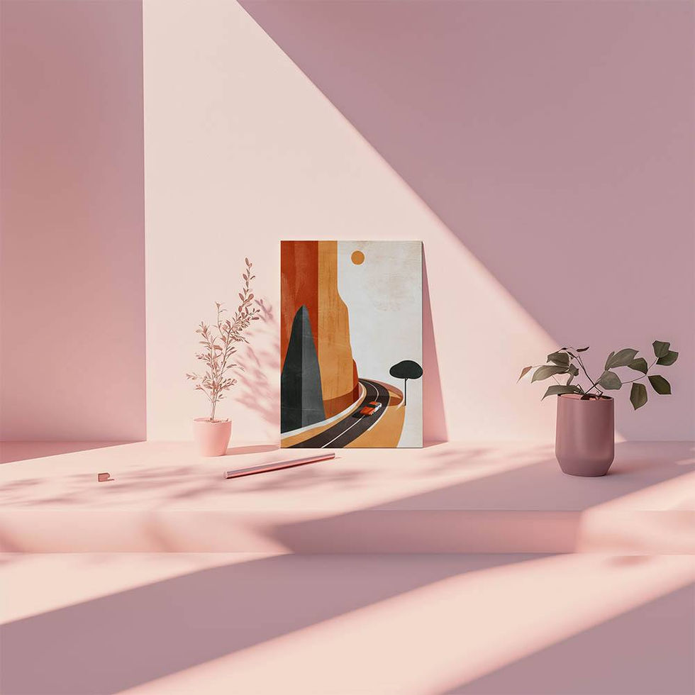 Retro-style illustration of a car on a winding road next to tall orange cliffs and a minimalist tree.