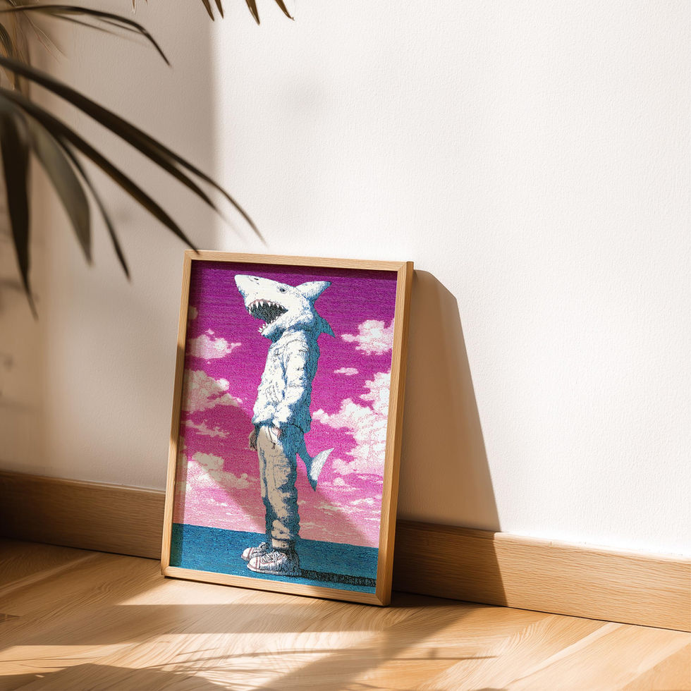 Surreal art print of a human figure with a shark head against a pink sky and ocean backdrop.