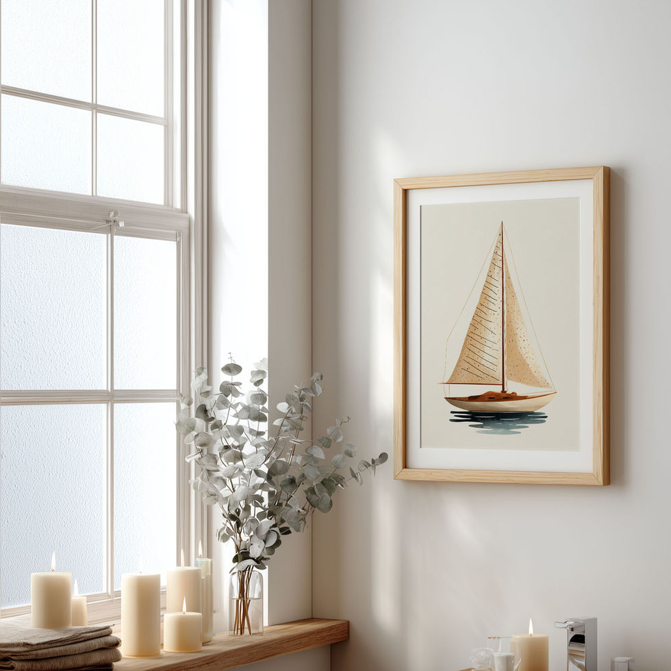 Minimalist sailboat illustration in soft neutral tones on calm water, ideal for coastal, nautical and modern home wall decor.