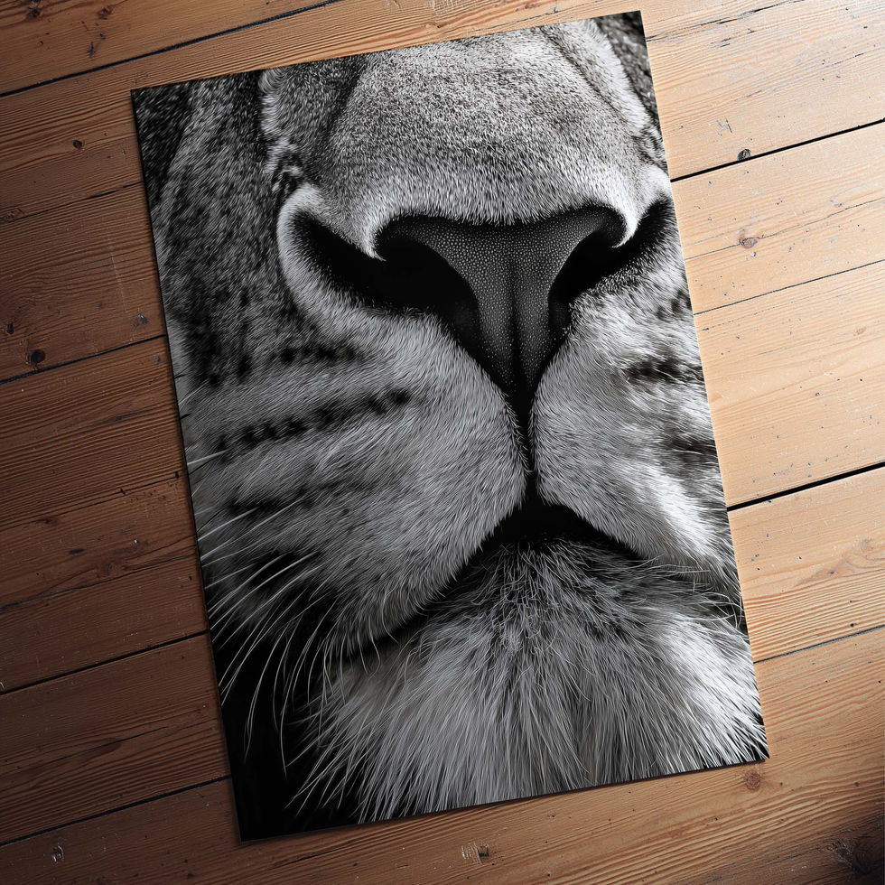 Black and white close-up lion portrait showing detailed nose and whiskers