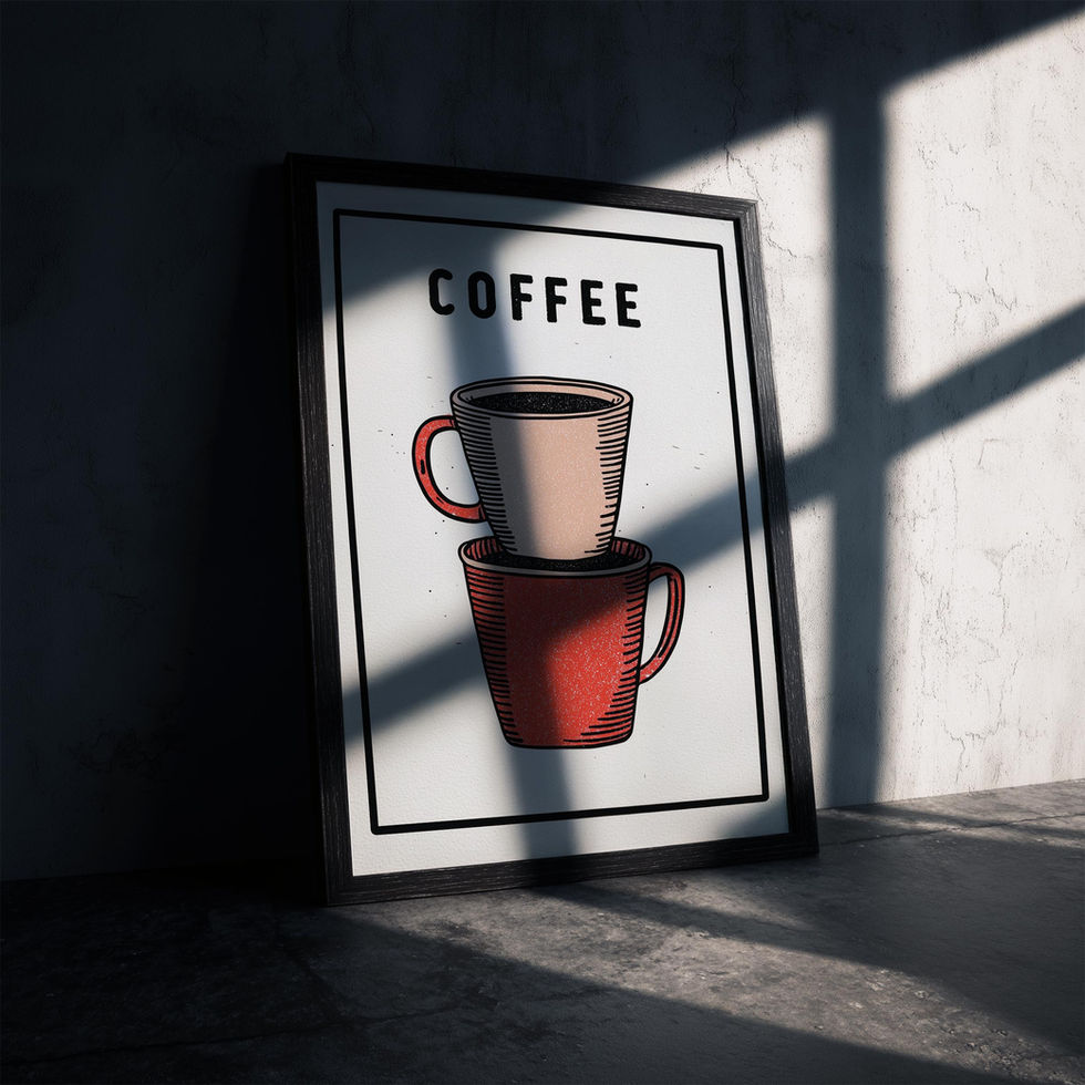 Minimalist art print of two stacked coffee cups with retro textured design and bold lettering.