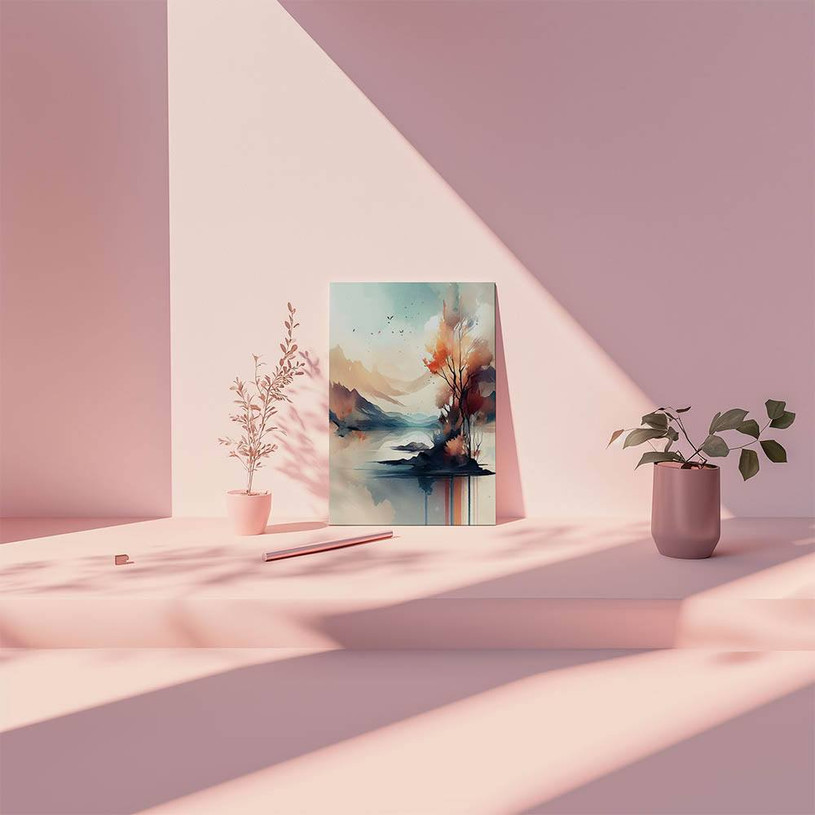 Watercolor landscape with mountains, a reflective lake, and a solitary tree in warm autumn tones.