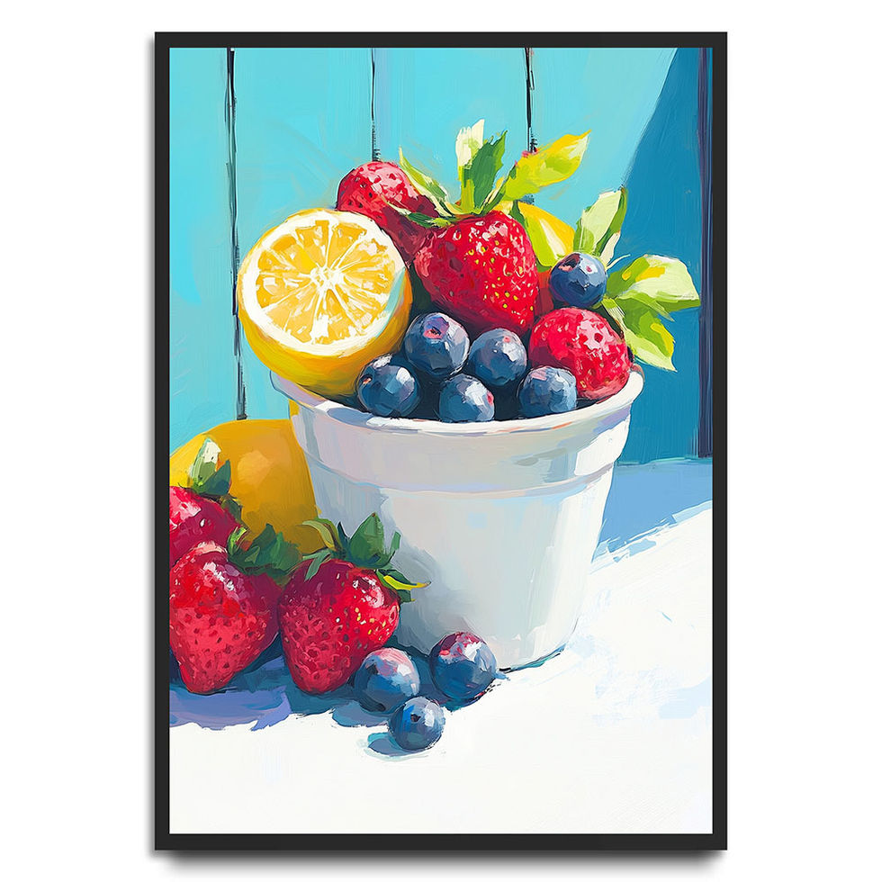 Colourful fruit bowl illustration with strawberries, blueberries, and a sliced lemon.