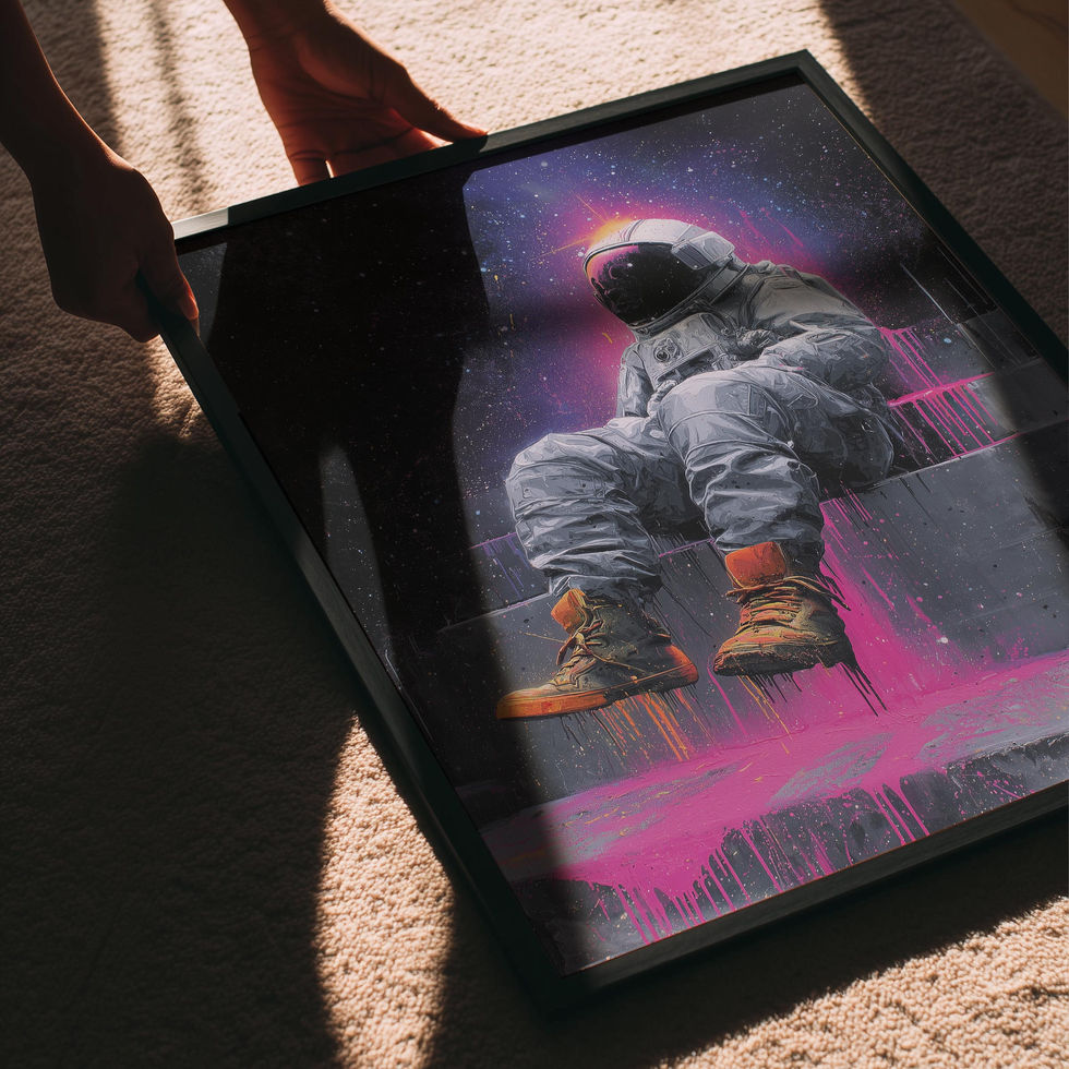 Graffiti-style artwork of an astronaut sitting on steps with pink paint splashes and a cosmic space background.