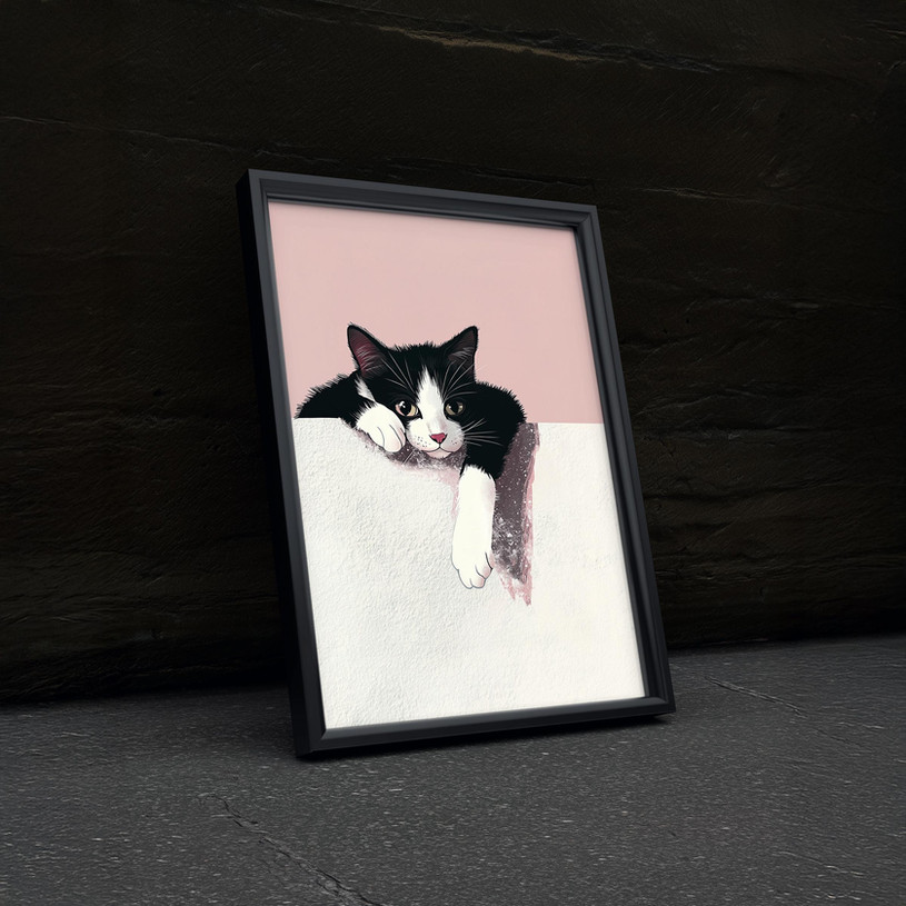 Minimalist illustration of a black and white cat resting on a ledge with a pink background.