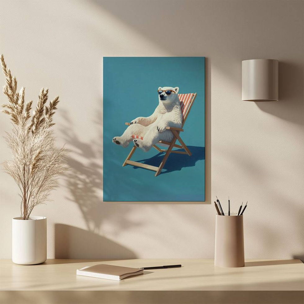 Cartoon-style polar bear reclining in a striped deck chair on a blue background.