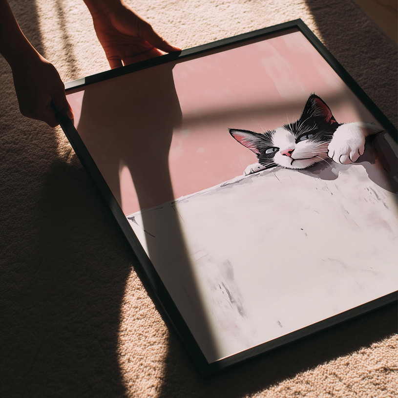 Illustrated art print of a black and white cat resting on a ledge with a pastel pink background.