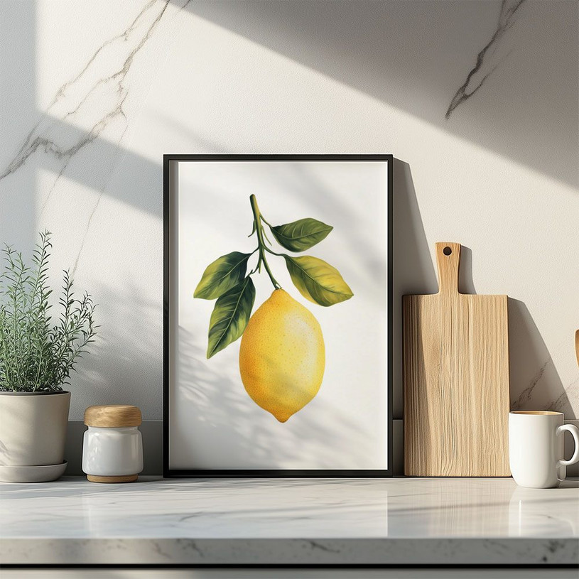 Illustration of a yellow lemon hanging from a branch with green leaves on a white background.