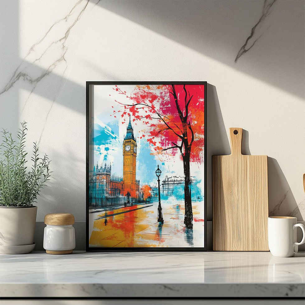 Bright London cityscape featuring Big Ben and autumn trees in a watercolour style — lively and iconic.