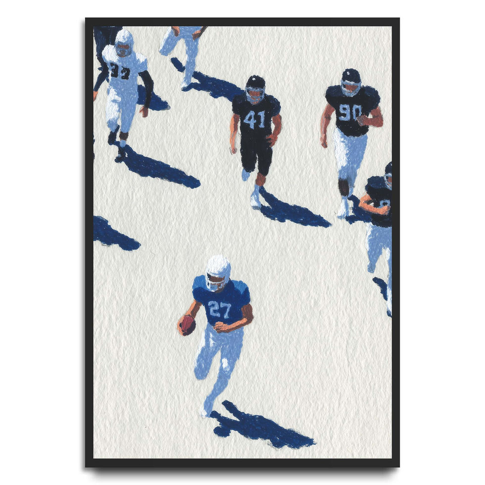 Illustrated art print of football players in motion on a light background.