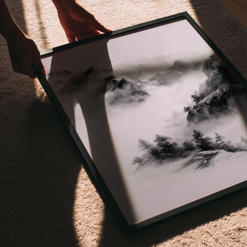 Black and white Japandi-style art print of misty mountains with pine trees.