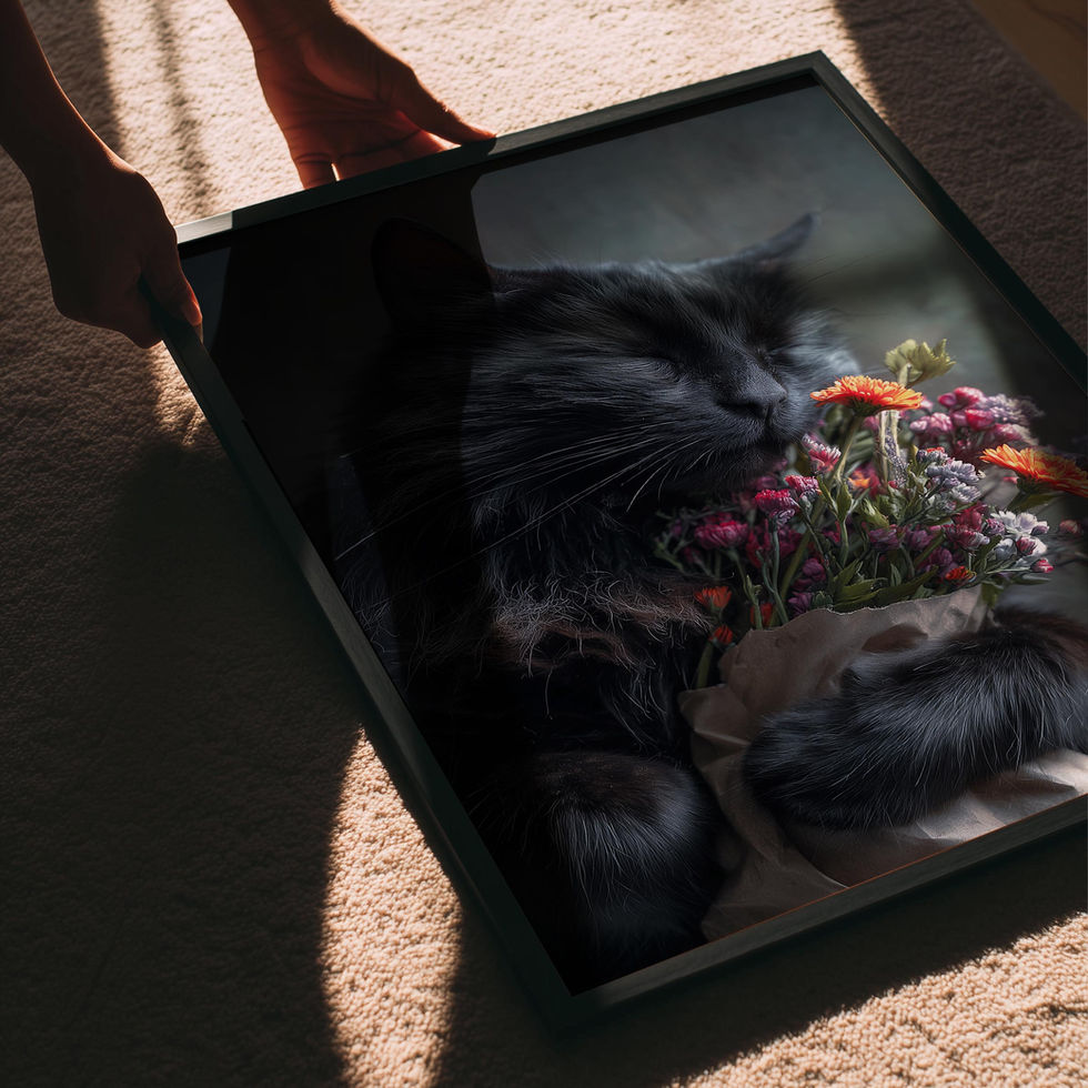 Black cat holding a bouquet of colorful flowers against a dark background art print.