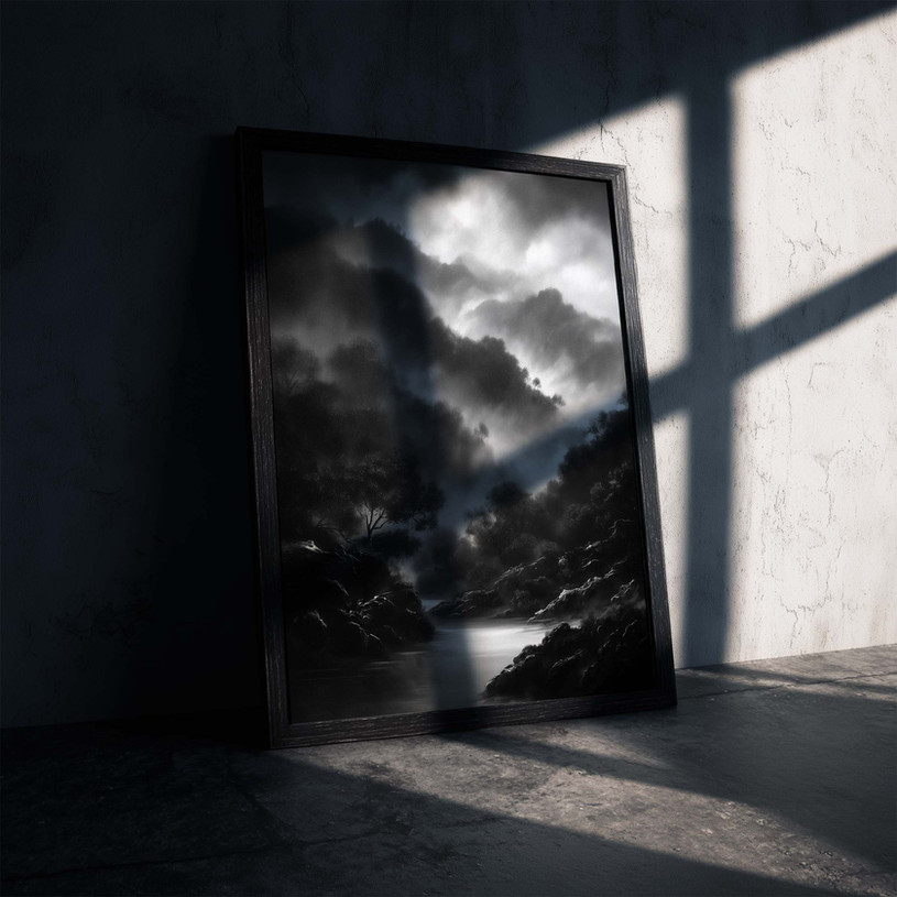 Black and white landscape art print of dramatic cliffs under heavy clouds.