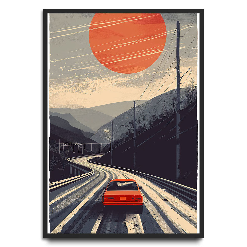 Red car driving along winding mountain roads under a large orange sun with a vintage feel – dramatic and stylish art print.