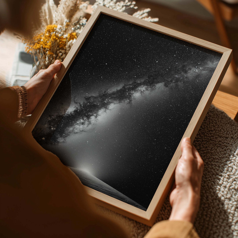 Black and white art print of the Milky Way galaxy above a textured horizon.