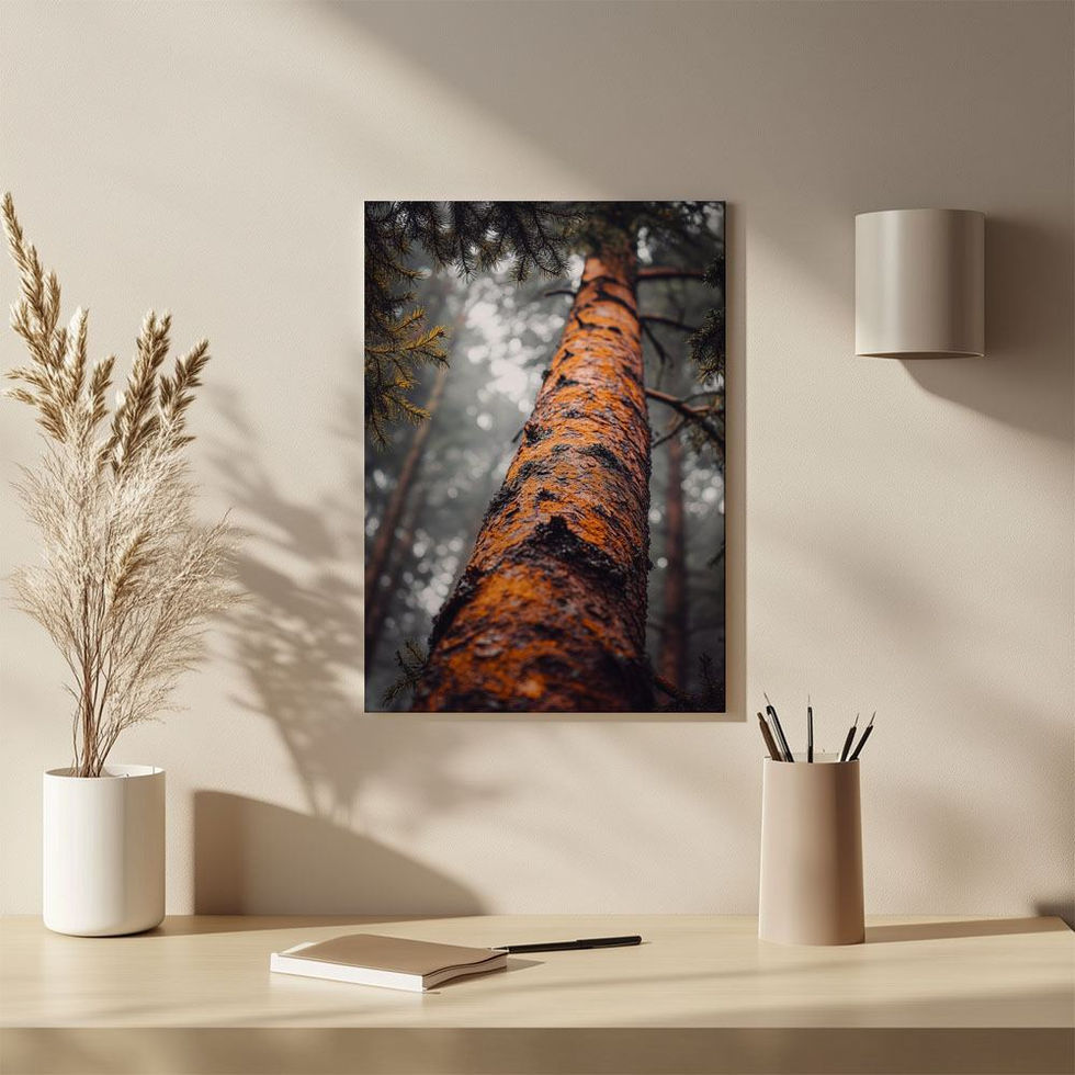 Tall pine tree photographed from below with detailed bark texture
