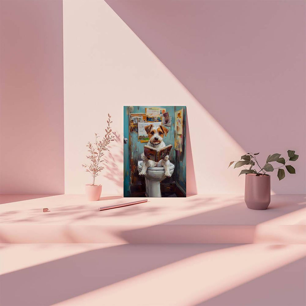 Humorous art print of a dog sitting on a toilet reading a book in a quirky bathroom setting.