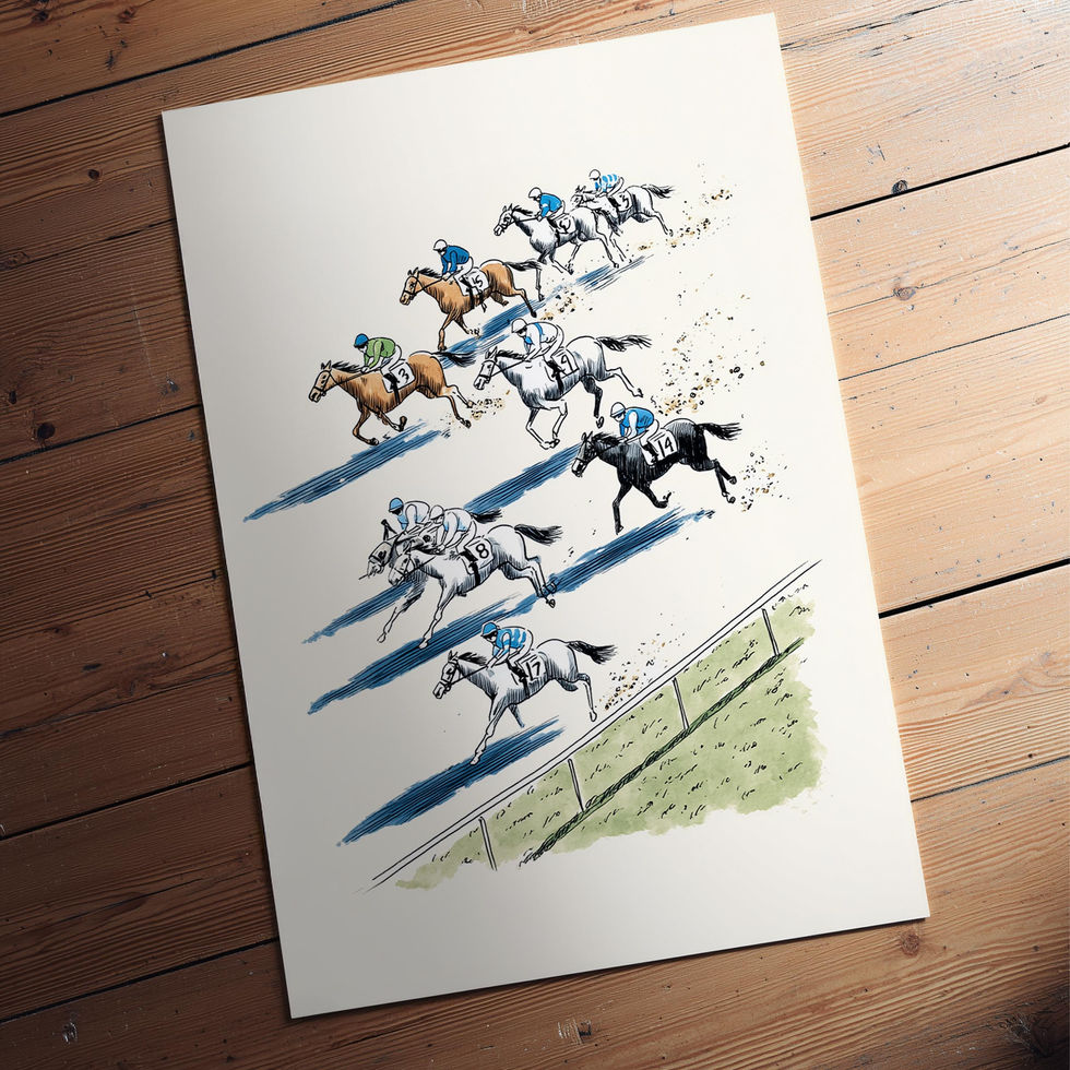 Illustration of jockeys riding horses in a horse race, drawn with bold shadows and vintage-style details.