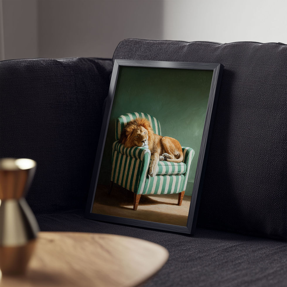 lion resting on green striped armchair warm light vintage style animal wall art print
