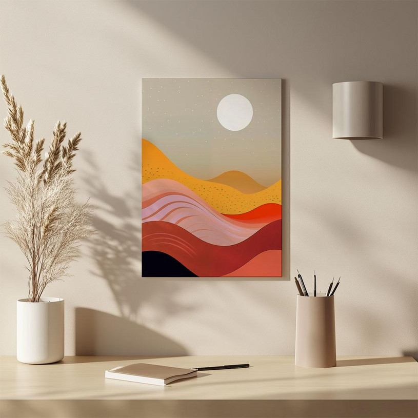 Abstract sunset landscape with warm gradient waves and a white sun in the sky.