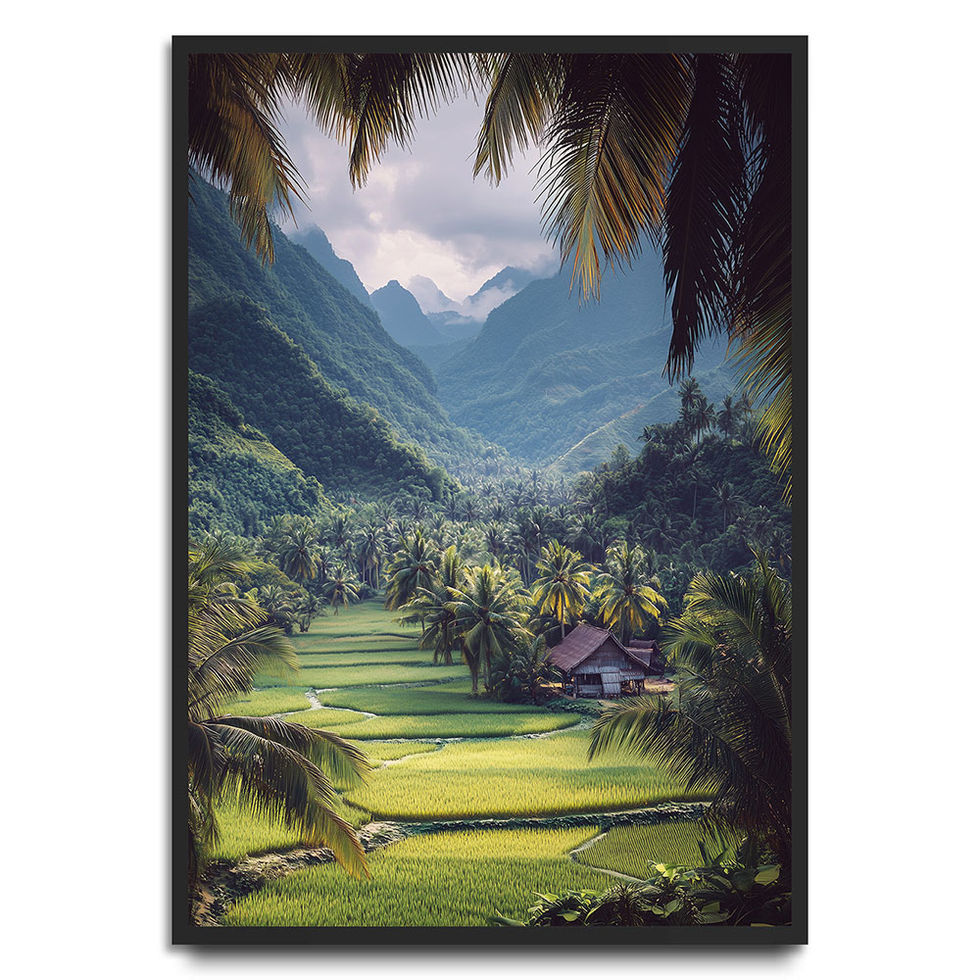 Green valley with mountains and a house, framed by palm trees.