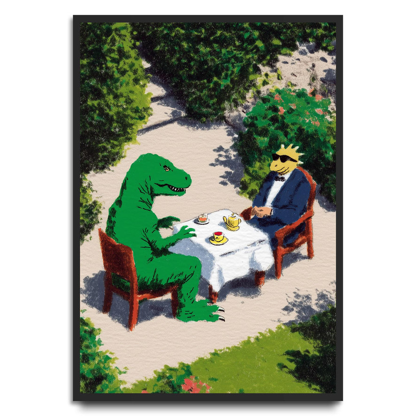 Illustration of a dinosaur and a suited reptilian character sitting at a garden table enjoying tea and cake.