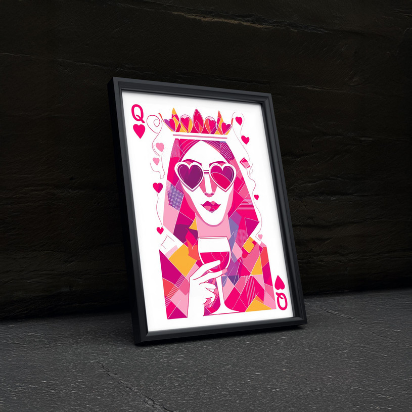 Queen of Hearts art print with geometric pink design, crown, heart sunglasses, and wine glass.