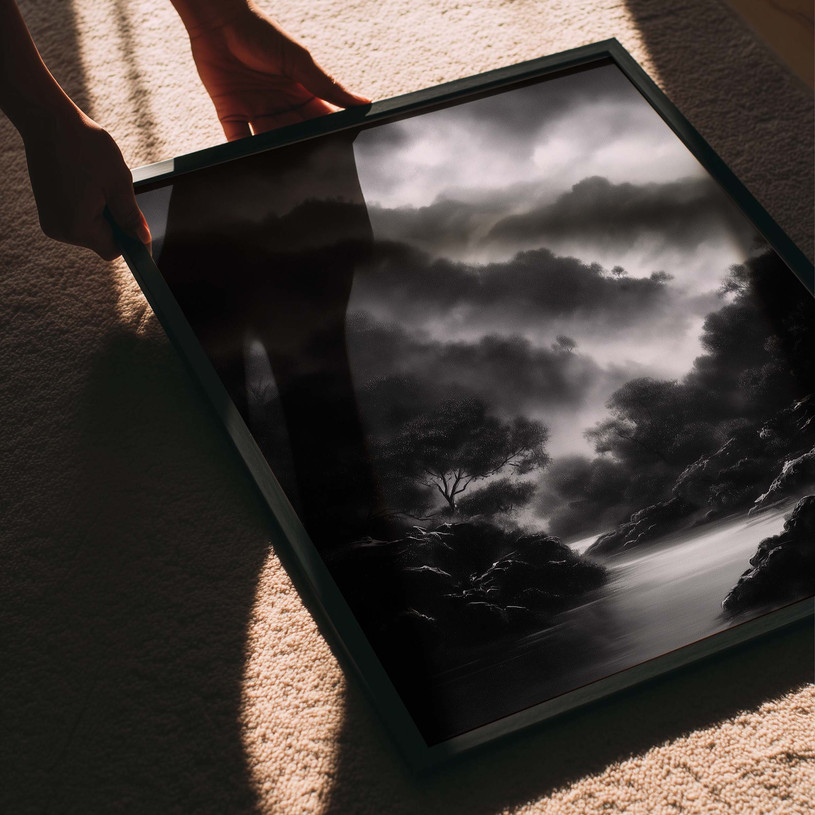 Black and white landscape art print of dramatic cliffs under heavy clouds.