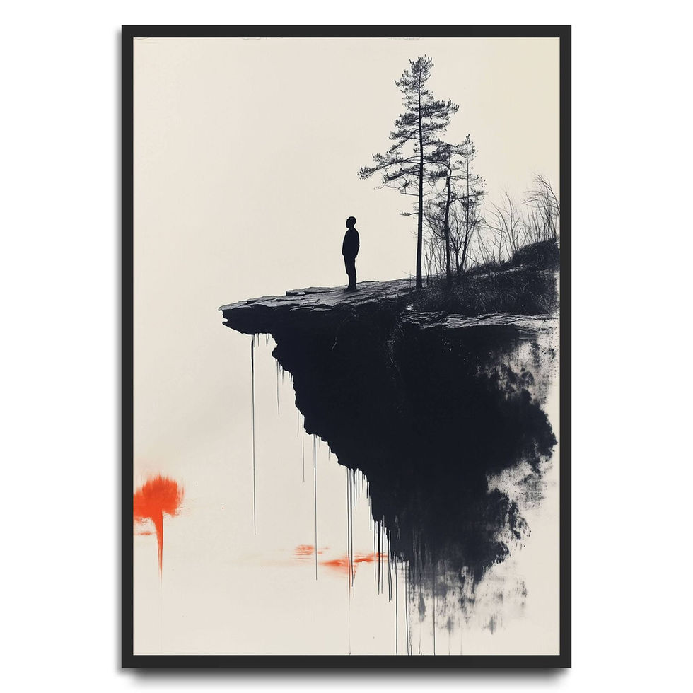 Moody watercolour silhouette art featuring a lone figure on a floating cliff, accented with bold red ink.
