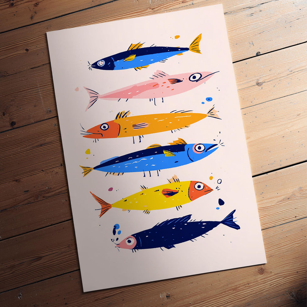 Vibrant fish illustration art print with six colourful fish in blue, yellow, orange, and pink on a light background.