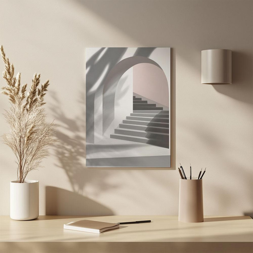 Curved staircase with archway and soft shadows in neutral greys and blush – minimalist and modern architectural art print.