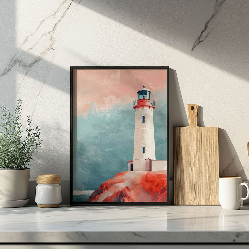 Watercolour painting of a lighthouse on a red cliff with a soft teal and coral sky.