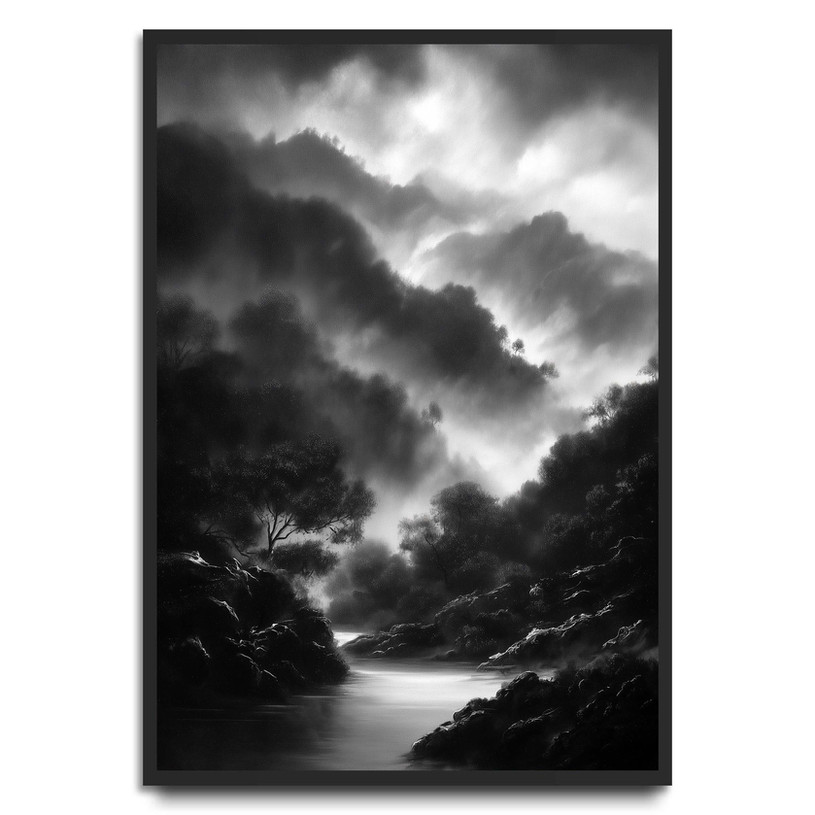 Black and white landscape art print of dramatic cliffs under heavy clouds.