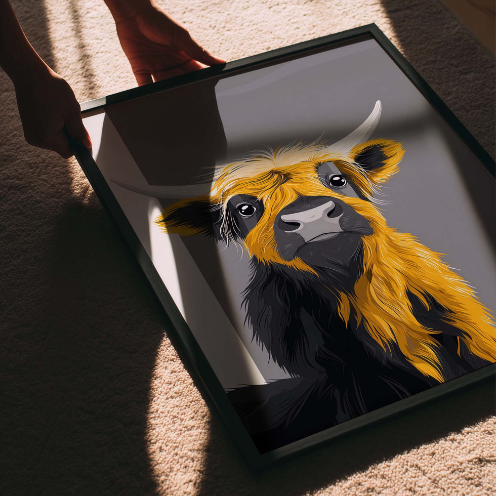 Modern portrait art print of an orange ox with dark background and bold brush texture.