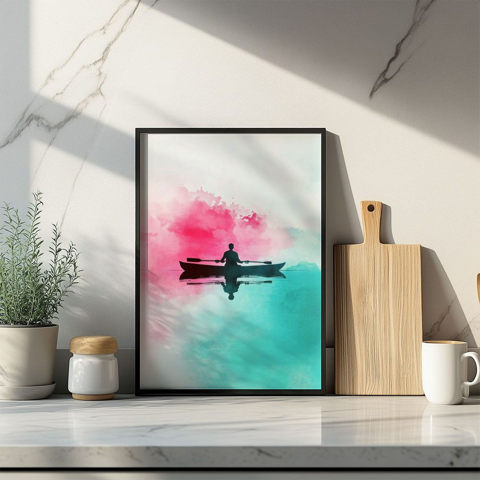 Silhouette of a person kayaking over pink and turquoise watercolour background