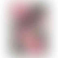 Abstract geometric art print with pink and black shapes, stripes, and textured patterns.