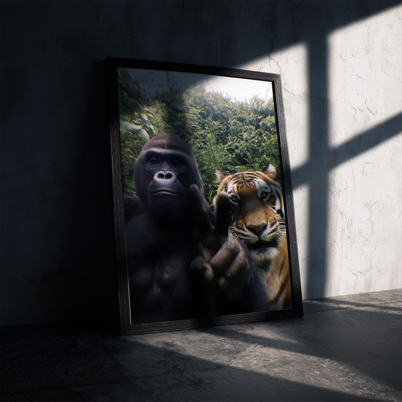 Humorous wildlife art print of a gorilla giving a peace sign next to a tiger posing for a selfie.