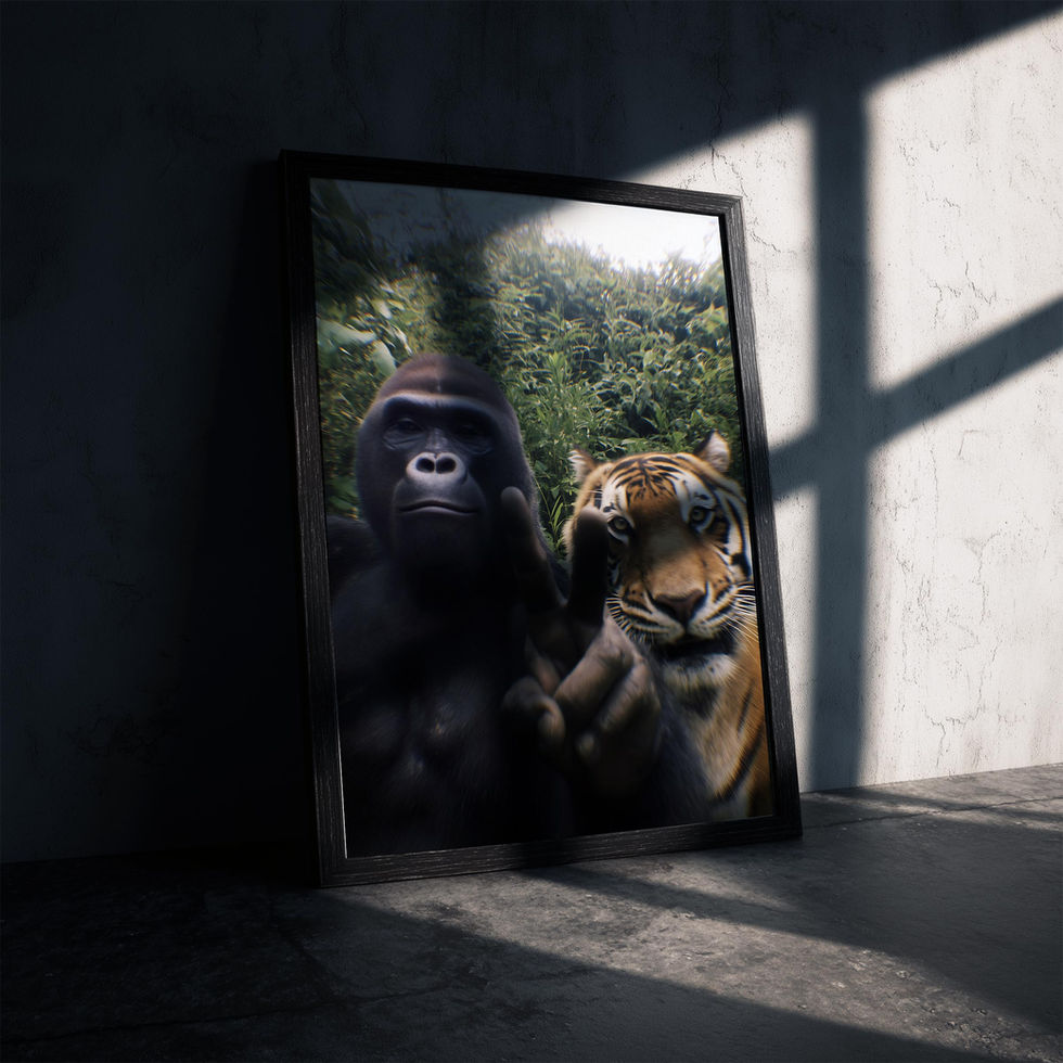 Humorous wildlife art print of a gorilla giving a peace sign next to a tiger posing for a selfie.