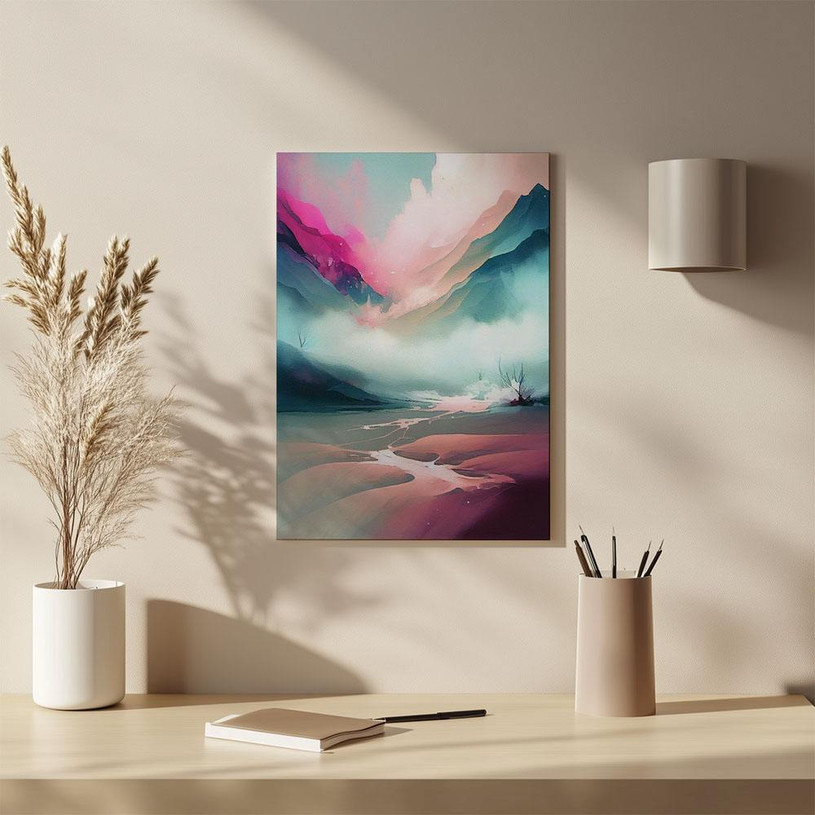 Misty mountain valley with vibrant pink skies and a flowing river – dreamy and colourful landscape art print.