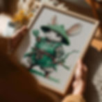 Whimsical art print of a small mouse dressed as a samurai in green armour holding a bow.
